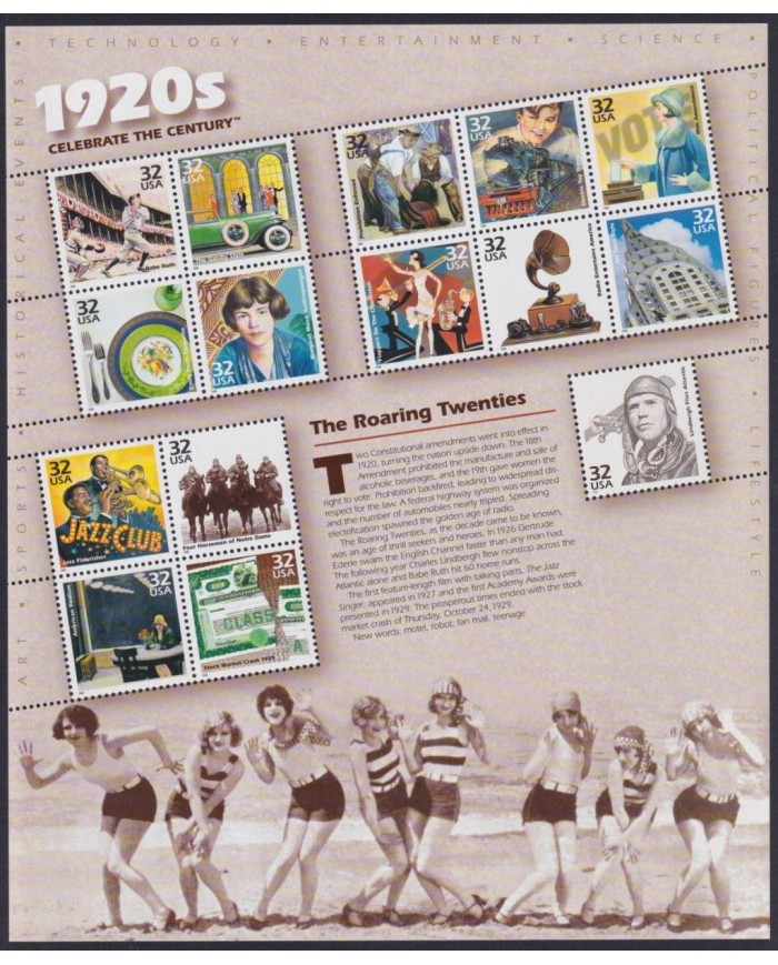 F-EX32427 US USA MNH 1998 MILENIUM SHEET 1920´s JAZZ CINEMA MOVIE LINDBERGHT.