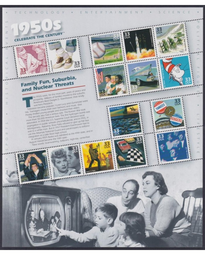 F-EX32430 US USA MNH 1998 MILENIUM SHEET 1950´s TV 3D CINEMA MOVIE BASEBAL KOREA WAR.