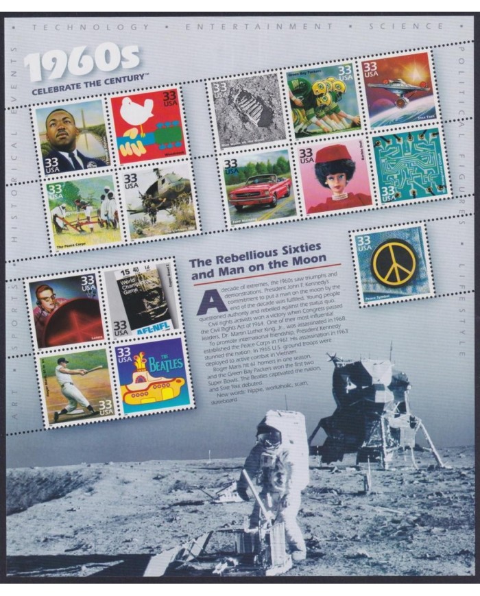 F-EX32431 US USA MNH 1998 MILENIUM SHEET 1960´s MAN ON MOON CINEMA MOVIE BASEBALL ROGER MARIS.