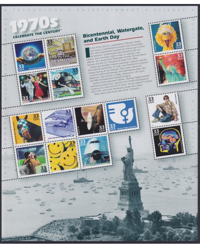 F-EX32432 US USA MNH 1998 MILENIUM SHEET 1970´s DISCO MUSIC CINEMA MOVIE MEDICINE.