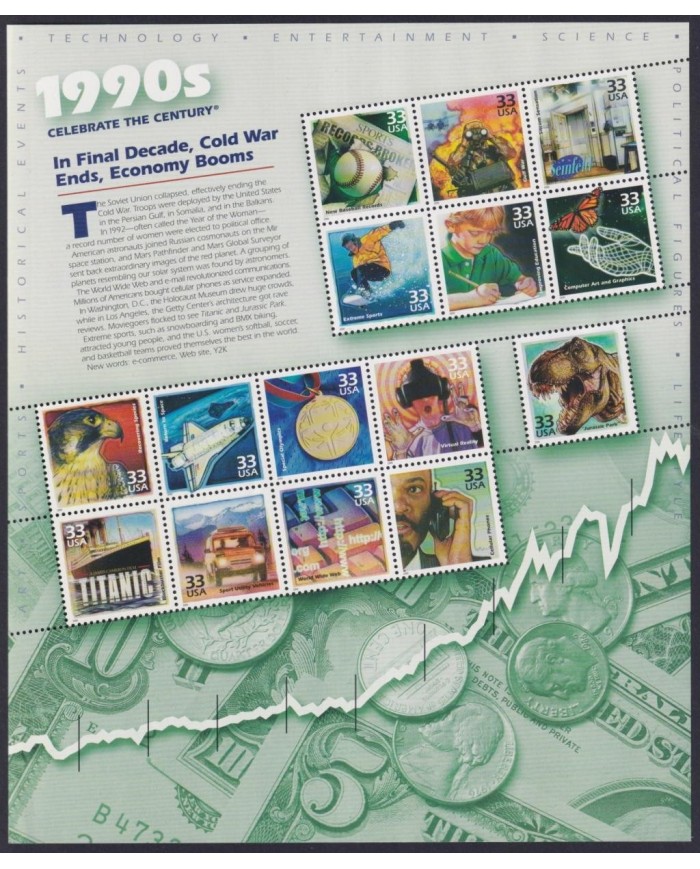 F-EX32434 US USA MNH 1998 MILENIUM SHEET 1990´s JURASSIC PARK CINEMA MOVIE TITANIC.