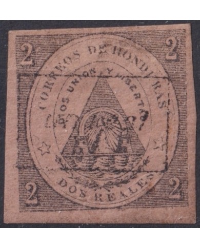 F-EX23679 HONDURAS 1877 No.5. 550€ SURCHARGE UN REAL s 2 REALES 2 EXPERTIZED.