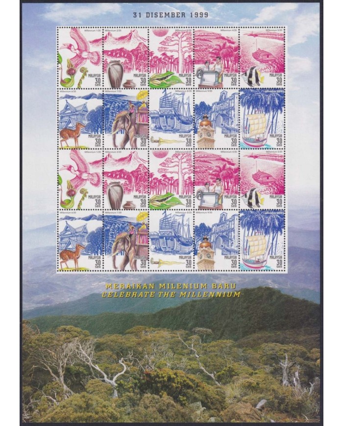 F-EX33784 MALAYSIA MNH 2000 MILLENNIUM ELEPHANT FROG FISH RAILWAYS SHIP BARCO BIRD.
