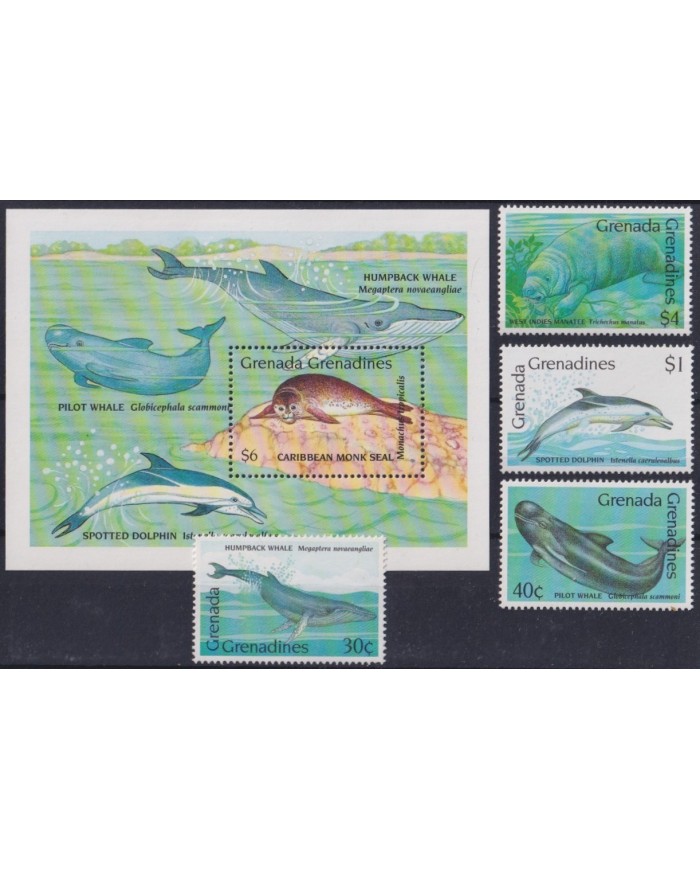 F-EX34268 GRENADA & GRENADINES MNH 1990 SEA MARINE REEF WILDLIFE FISH PECES WHALE MANATI.