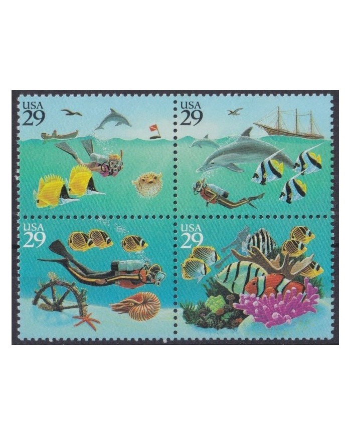 F-EX34367 USA US MNH MARINE REEF WILDLIFE FISH PECES SEASHELL SHELL SHIP DOLPHIN.