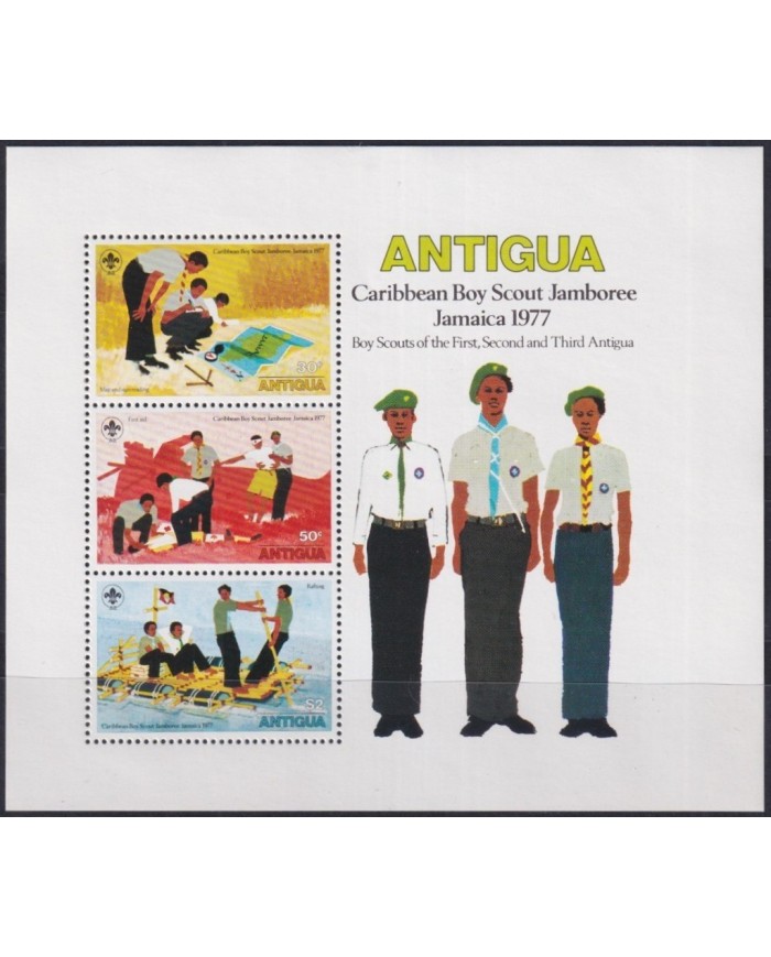 F-EX35452 ANTIGUA MNH 1977 BOYS SCOUTS SCOUTING JAMAICA JAMBOREE SHEET.