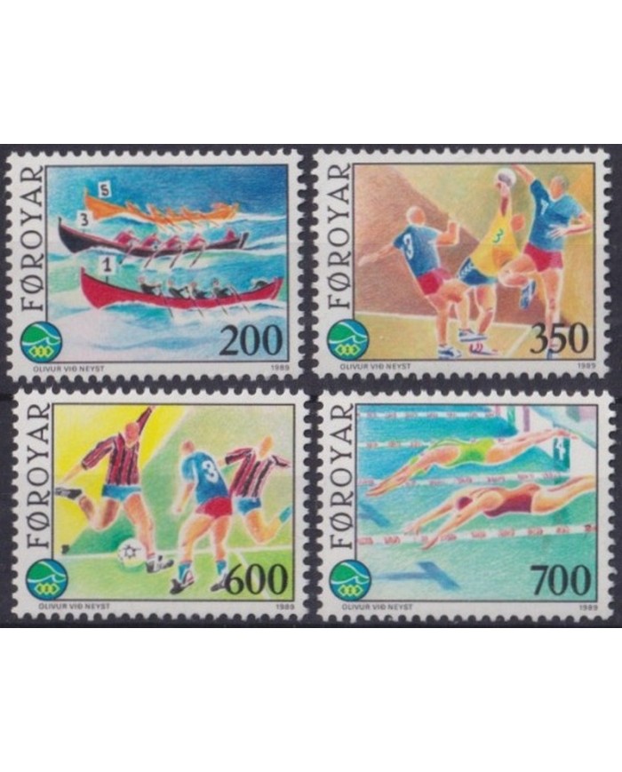 F-EX27924 FAROYAR FAROE IS MNH 1989 SOCCER SWIMMING CICLING SHIP CANOES.