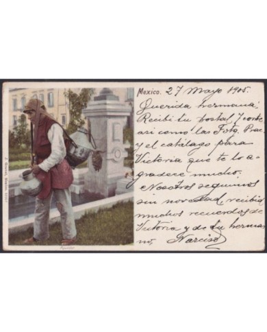 F-EX32204 MEXICO 1905 POSTCARD MEXICAN TYPES WATERBOY SELLER TO SPAIN.