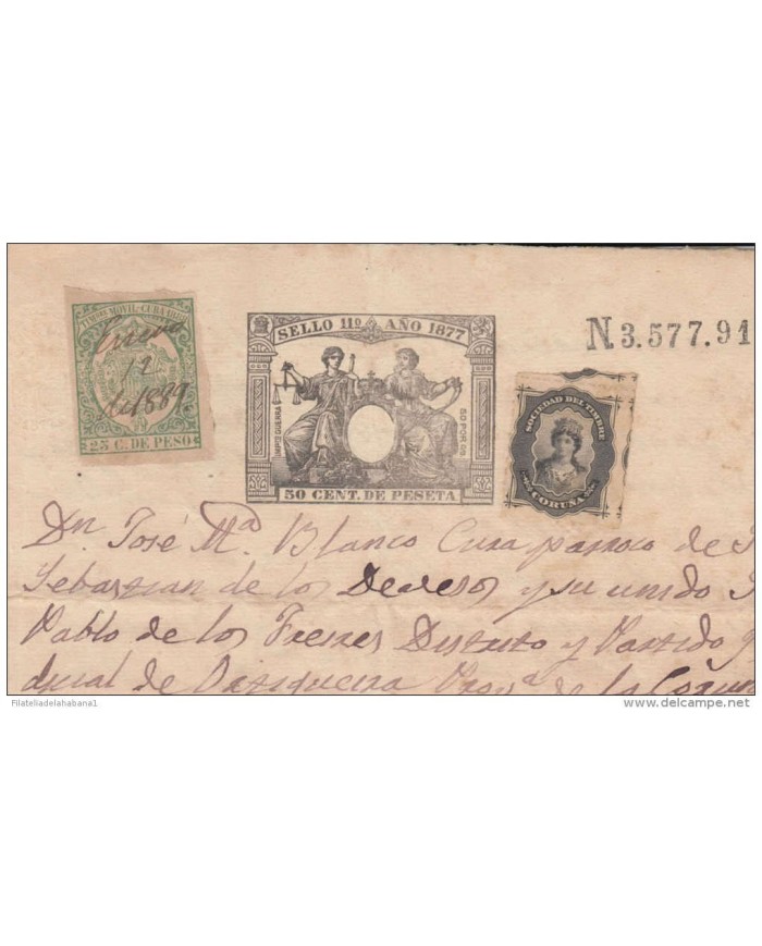 *E723 SPAIN ESPAÑA SOC TIMBRE\" CORUÑA + ANTILLAS SPANISH COLONIES. REVENUE 1888"""