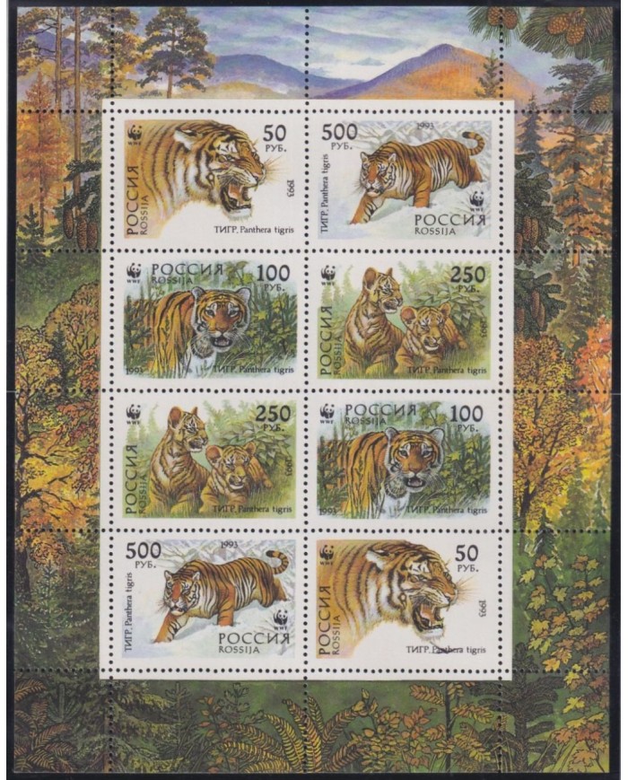 F-EX26280 RUSSIA MNH 1993 WWF SPECIAL SHEET WILDLIFE SIBERIAN TIGER FELINE.