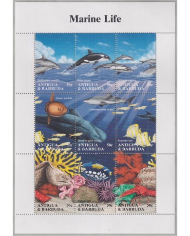 F-EX26278 ANTIGUA & BARBUDA MNH 1994 WWF SHEET MARINE WILDLIFE REEF FISH WHALE LOBSTER.
