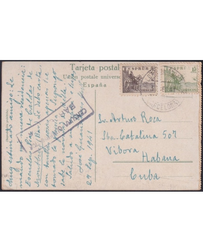F-EX19180 SPAIN ESPAÑA CALDAS DE MONTBUI POSTCARD SITJES TO HAVANA 1941.
