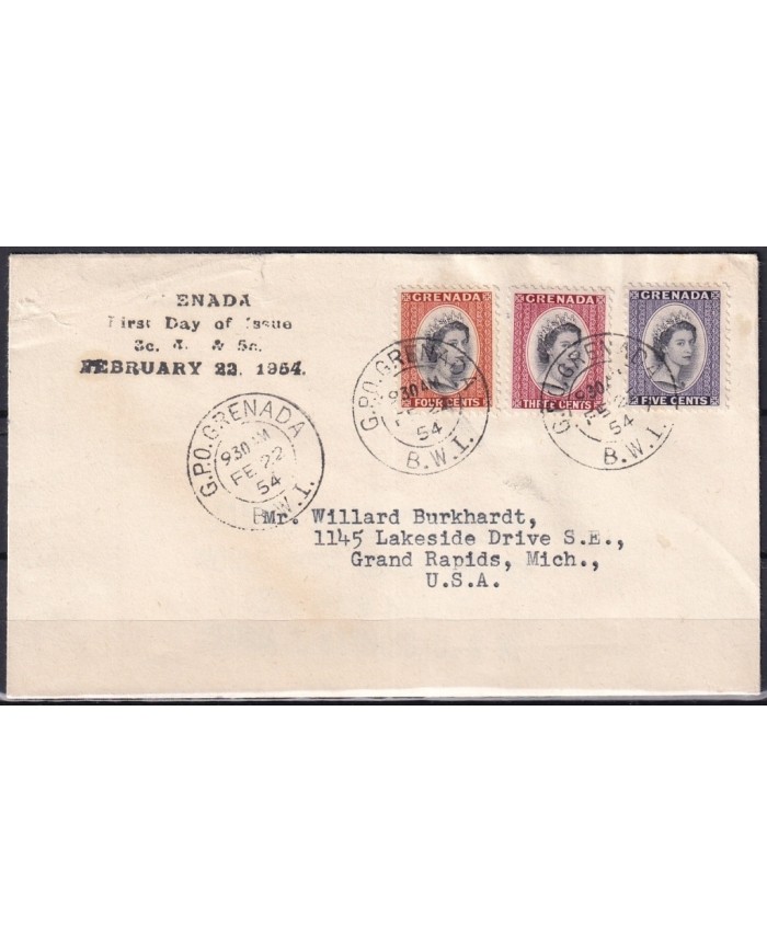 F-EX21345 GRENADA PAQUEBOT 1954 FIRST DAY OF ISSUE TO US.