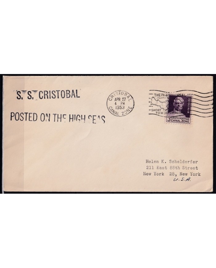 F-EX21346 CANAL ZONE PANAMA PAQUEBOT 1958 POSTED ON HIGHT SEAS TO US.