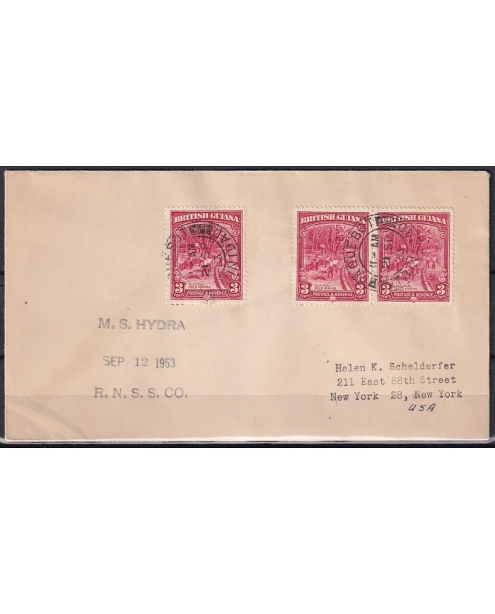 F-EX21348 GUYANA PAQUEBOT 1953 SHIP MS HYDRA TO US.