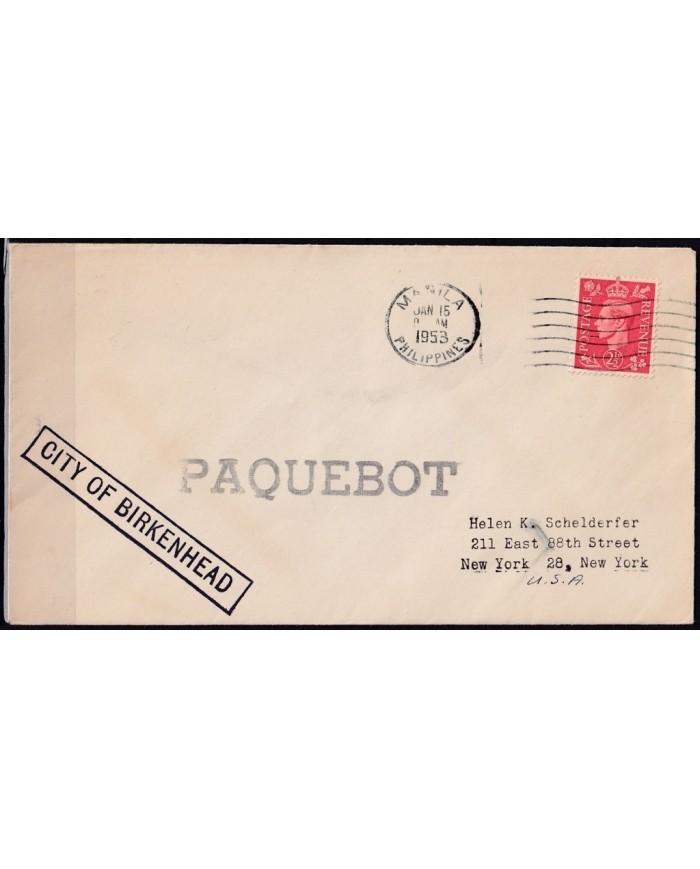 F-EX21362 ENGLAND UK PAQUEBOT 1953 POSTED HIGHT SEAS IN PHILIPPINES MS. CITY OF BIRKENHEAD.