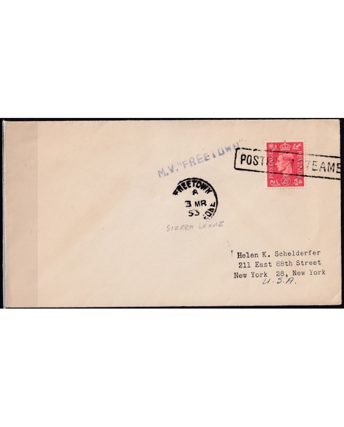 F-EX21363 ENGLAND UK PAQUEBOT 1953 POSTED HIGHT SEAS IN SIERRA LEONE MV. FREETOWN.