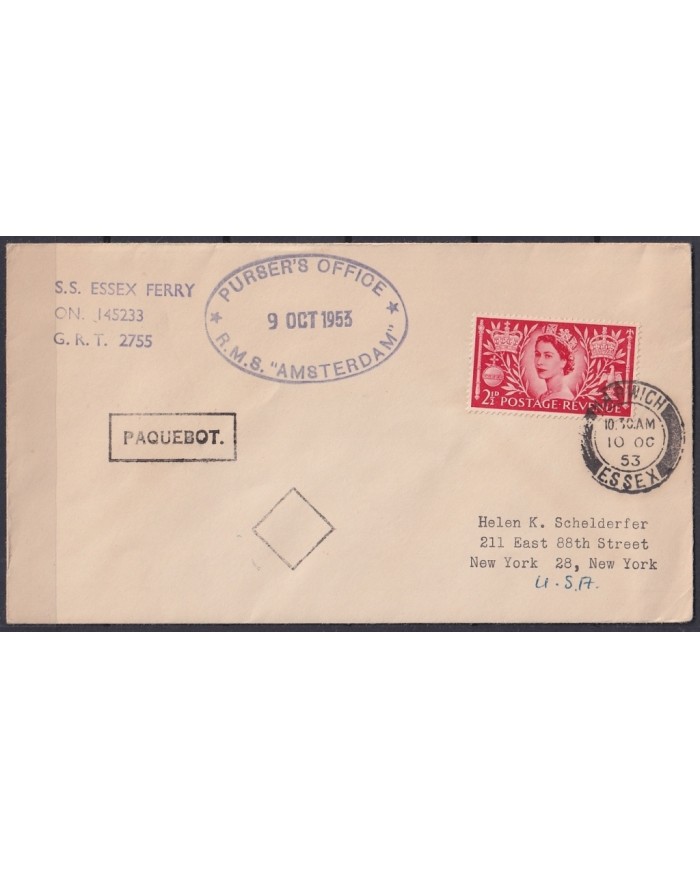 F-EX21370 ENGLAND UK PAQUEBOT 1953 POSTED HIGHT SEAS RMS AMSTERDAM
