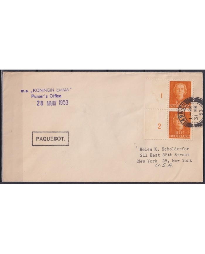 F-EX21403 NEDERLAND PAQUEBOT 1953 POSTED HIGHT SEAS IN ENGLAND MS KONINGIN EMMA