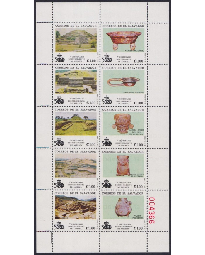 F-EX29229 EL SALVADOR MNH 1988 DISCOVERY OF AMERICA ARCHEOLOGY COLUMBUS INDIAN.