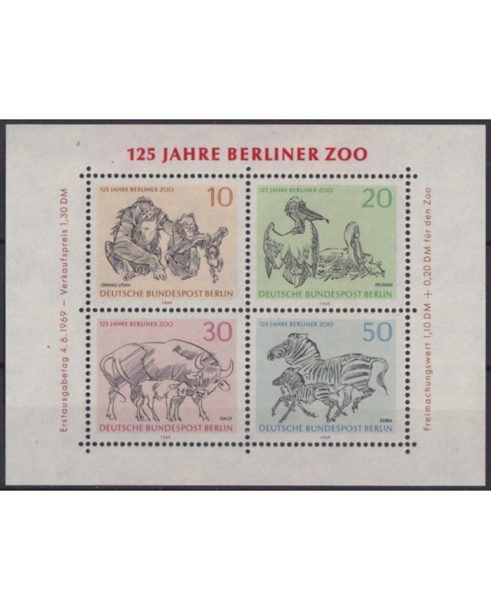 Z77 GERMANY BERLIN MNH 1969 ZOO BIRD PELICAN ZEBRA MONKEY.