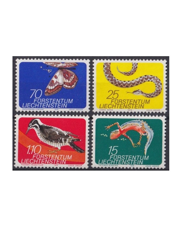 F-EX40293 LIECHTENTEIN 1974 MNH WWF FAUNA BUTTERFLIES LIZARD BIRD SNIKE AVES PAJAROS.