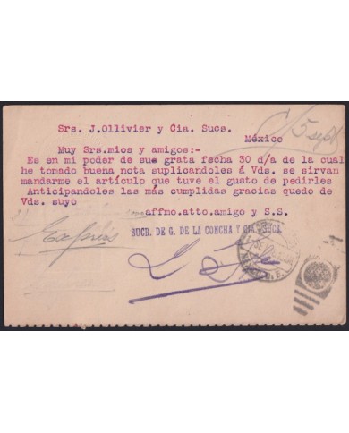 Z157 MEXICO 1913 REVOLUTION OVERPRINT POSTAL STATIONERY TULANCINGO TO MEXICO.