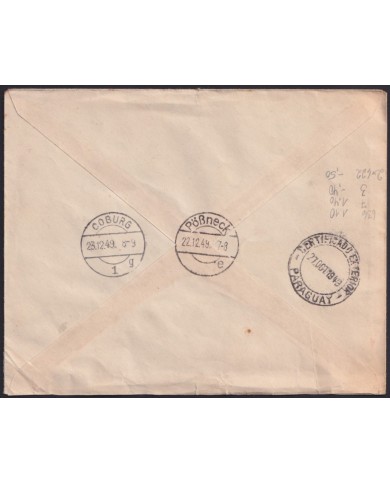 Z166 PARAGUAY 1949 REGISTERED COVER TO GERMANY FORWARDED TO COBURG.
