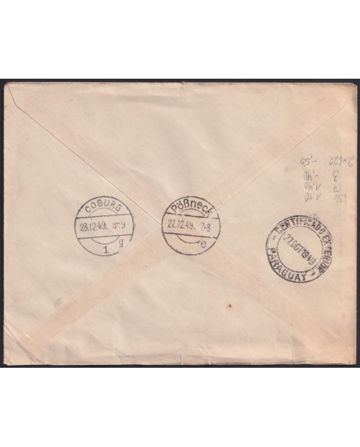 Z166 PARAGUAY 1949 REGISTERED COVER TO GERMANY FORWARDED TO COBURG.