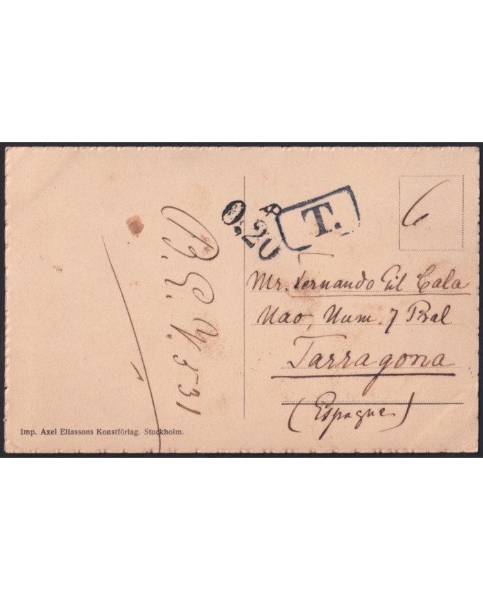 Z174 SWEDEN SVERIGE 1913 POSTCARD TO SPAIN POSTAGE DUE.