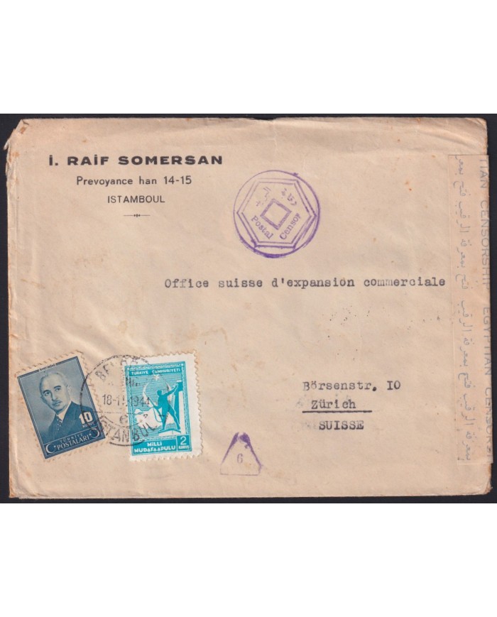 Z176 TURKEY 1919 CENSORSHIP WWI COVER TO SWITZERLAND.