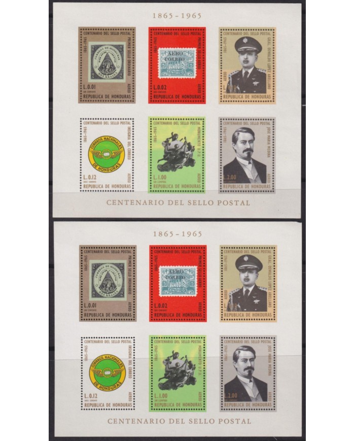 F-EX40172 HONDURAS 1965 MNH SHEET CENTENARY OF STAMPS PERF & IMPERF.