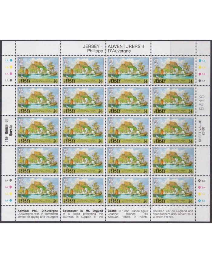 F-EX40056 UK ENGLAND JERSEY MNH 1987 SHEET PHILIPPE D´AUVERGE ADVENTURE SHIP.