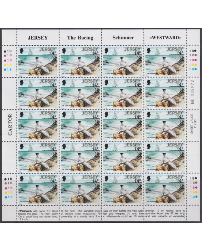 F-EX40057 UK ENGLAND JERSEY MNH 1987 SHEET RACING SCHOONER WESTWARD SHIP.