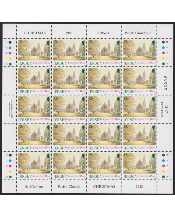 F-EX40060 UK ENGLAND JERSEY MNH 1988 SHEET CHRISTMAS NAVIDAD CHURCH ART PAINTING.
