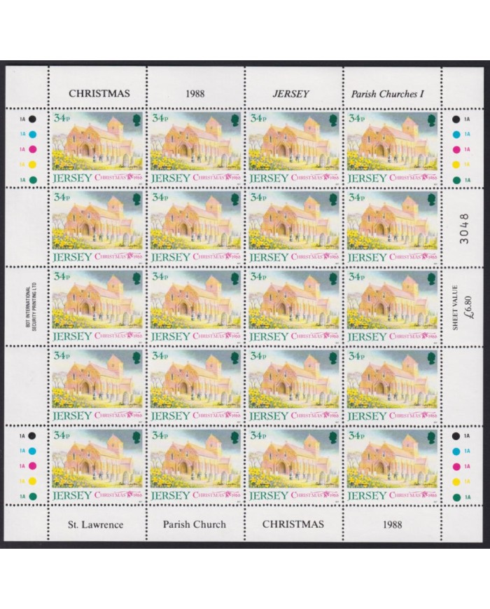 F-EX40064 UK ENGLAND JERSEY MNH 1988 SHEET CHRISTMAS NAVIDAD CHURCH ART PAINTING.