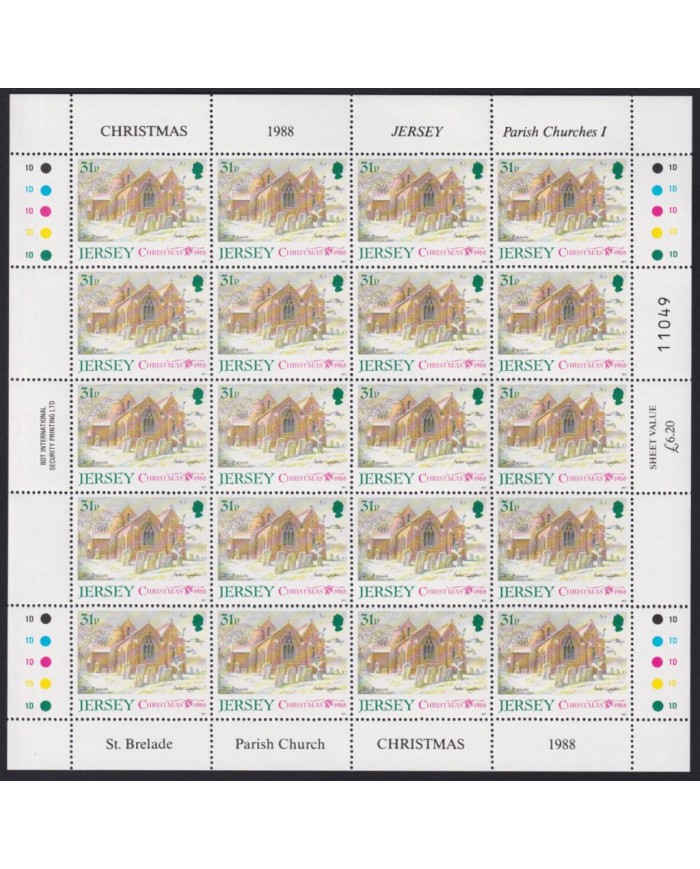 F-EX40064 UK ENGLAND JERSEY MNH 1988 SHEET CHRISTMAS NAVIDAD CHURCH ART PAINTING.