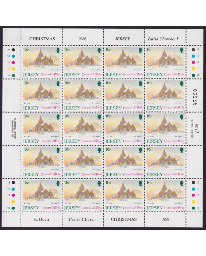 F-EX40064 UK ENGLAND JERSEY MNH 1988 SHEET CHRISTMAS NAVIDAD CHURCH ART PAINTING.