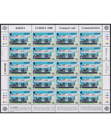F-EX40065 UK ENGLAND JERSEY MNH 1988 SHEET EUROPA TRANSPORT & COMMUNICATIONS.