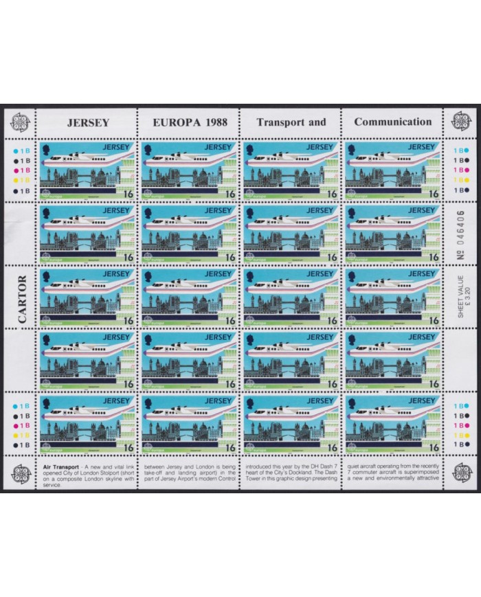 F-EX40065 UK ENGLAND JERSEY MNH 1988 SHEET EUROPA TRANSPORT & COMMUNICATIONS.