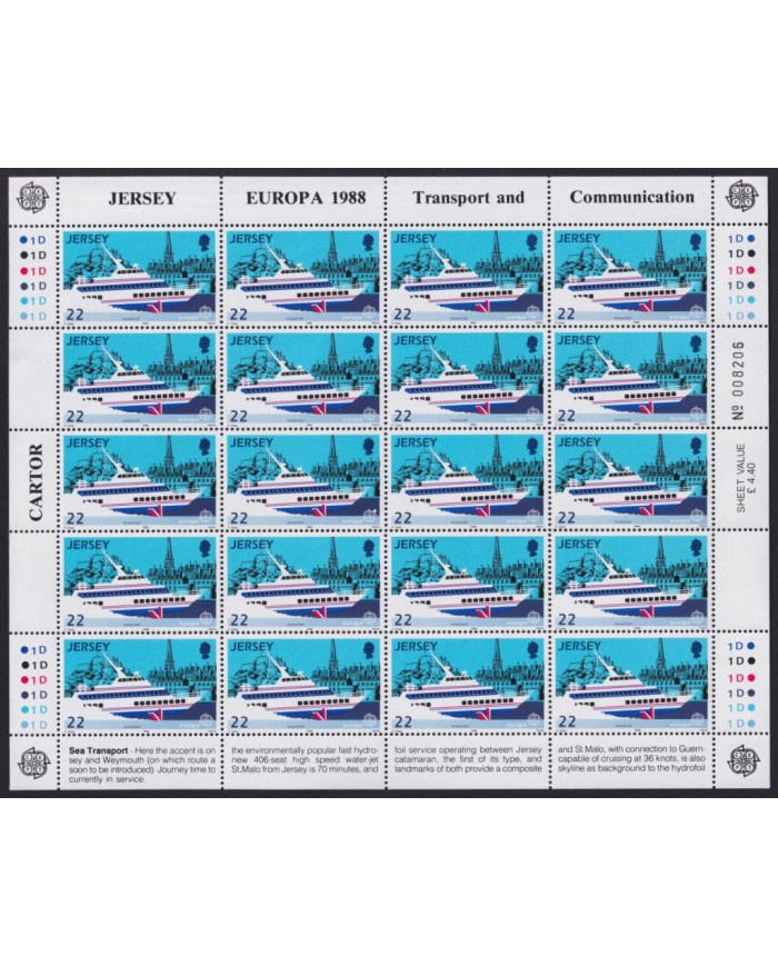 F-EX40065 UK ENGLAND JERSEY MNH 1988 SHEET EUROPA TRANSPORT & COMMUNICATIONS.