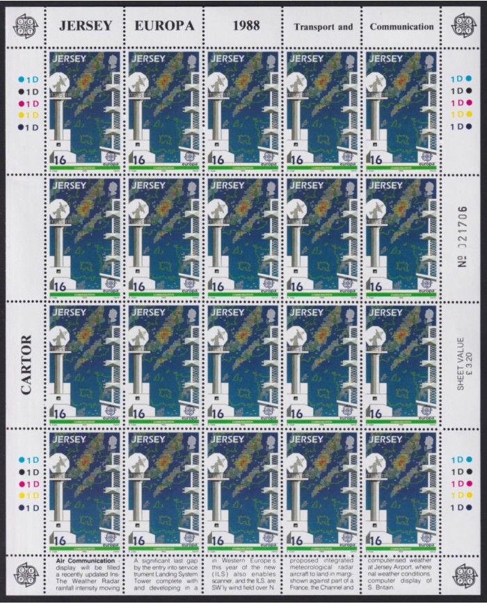 F-EX40065 UK ENGLAND JERSEY MNH 1988 SHEET EUROPA TRANSPORT & COMMUNICATIONS.