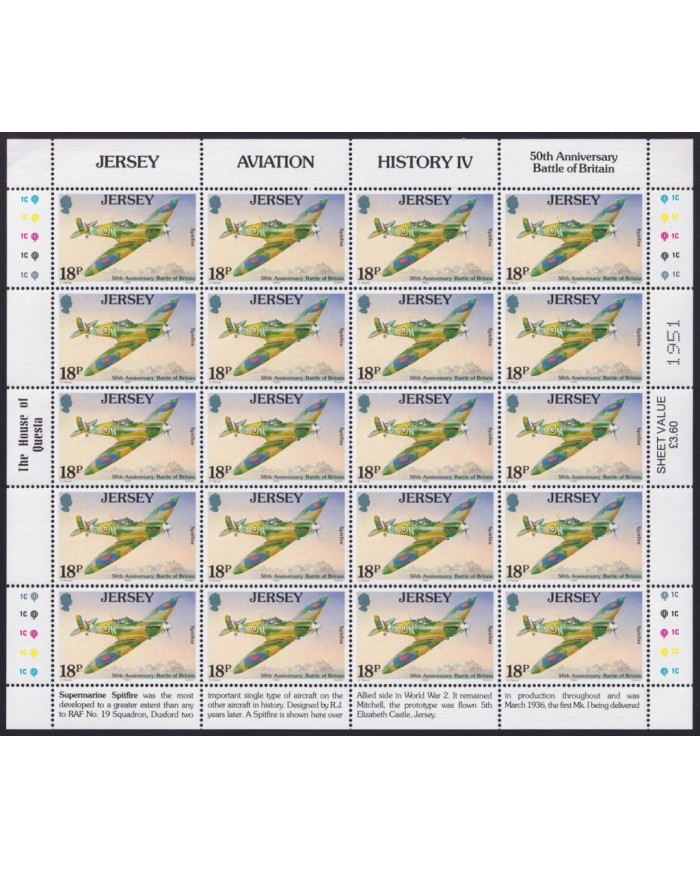 F-EX40071 UK ENGLAND JERSEY MNH 1989 SHEET WWII 50th ANIV BATTLE OF BRITAIN AVION AIRPLANE.