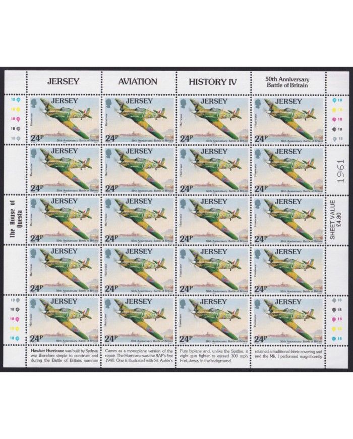 F-EX40071 UK ENGLAND JERSEY MNH 1989 SHEET WWII 50th ANIV BATTLE OF BRITAIN AVION AIRPLANE.
