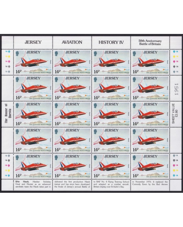 F-EX40071 UK ENGLAND JERSEY MNH 1989 SHEET WWII 50th ANIV BATTLE OF BRITAIN AVION AIRPLANE.