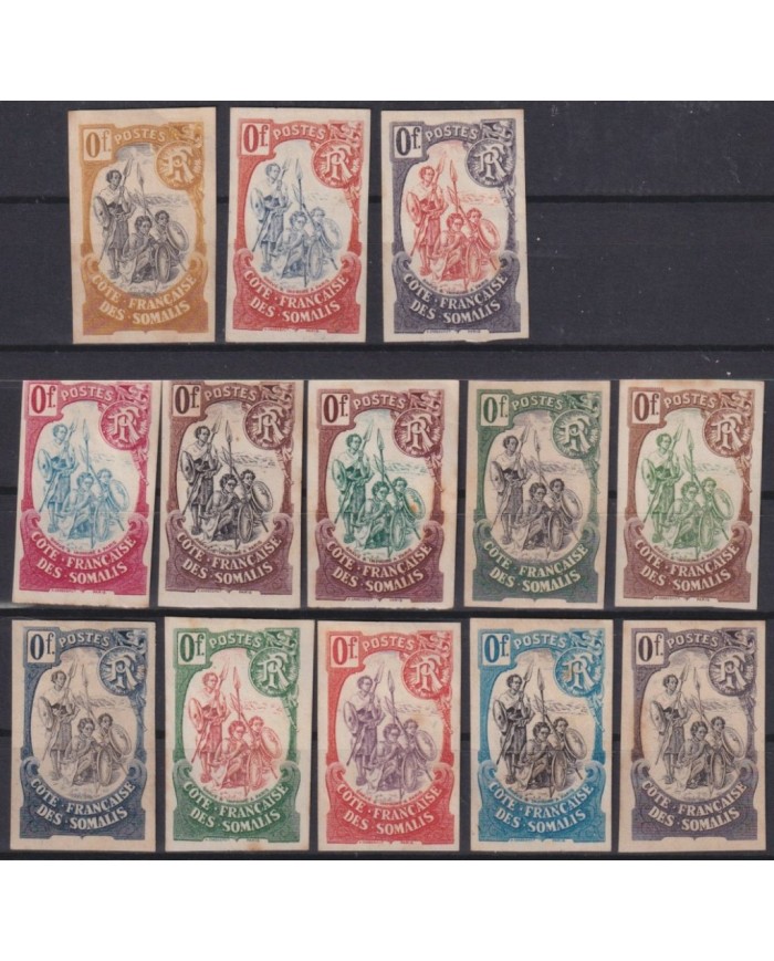 F-EX29765 COTE DES SOMALIS SOMALIA 1902 ETHNIC WARRIOR PROOF 0f LOT OF 13.
