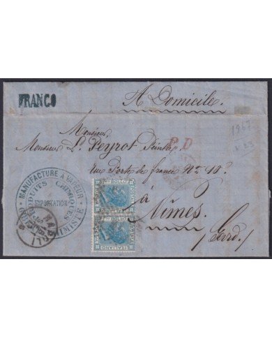 F-EX32646 ITALY ITALIA 1867 FRANCO MANUFACTURE A VAPOR COVER TO NIMES FRANCE.