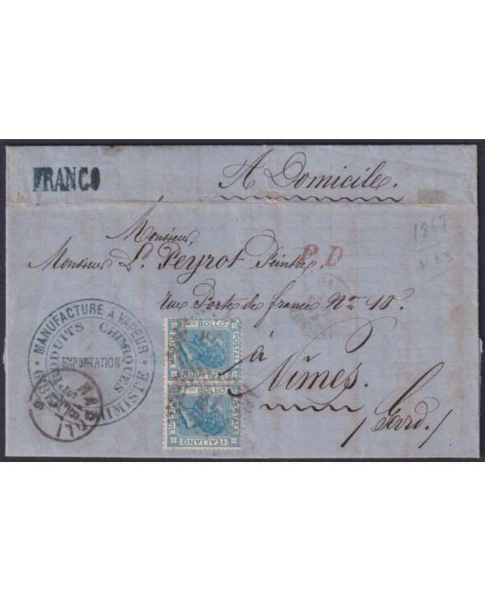 F-EX32646 ITALY ITALIA 1867 FRANCO MANUFACTURE A VAPOR COVER TO NIMES FRANCE.