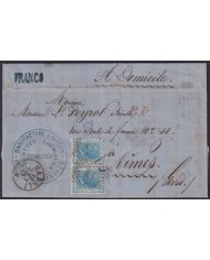 F-EX32646 ITALY ITALIA 1867 FRANCO MANUFACTURE A VAPOR COVER TO NIMES FRANCE.