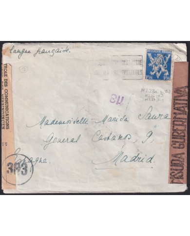 F-EX39478 BELGIUM BELGIQUE 1945 WWII COVER TO SPAIN CENSORSHIP.